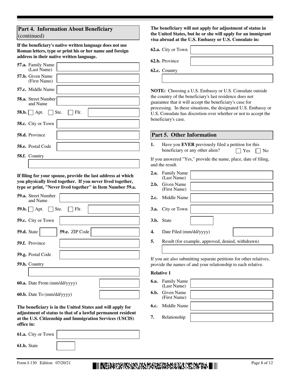 Uscis Form I 130 Download Fillable Pdf Or Fill Online Petition For