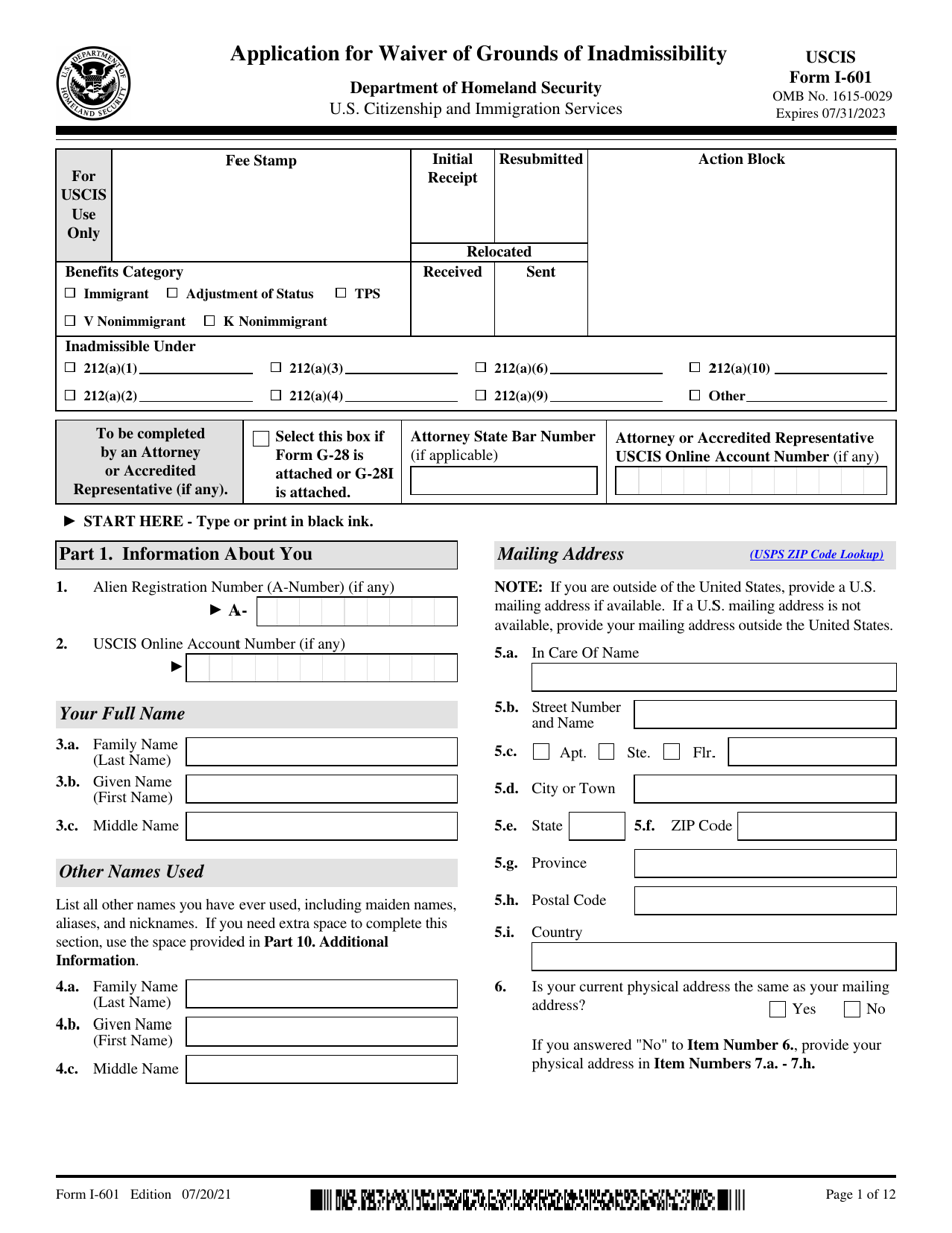 USCIS Form I-601 Application for Waiver of Grounds of Inadmissibility, Page 1