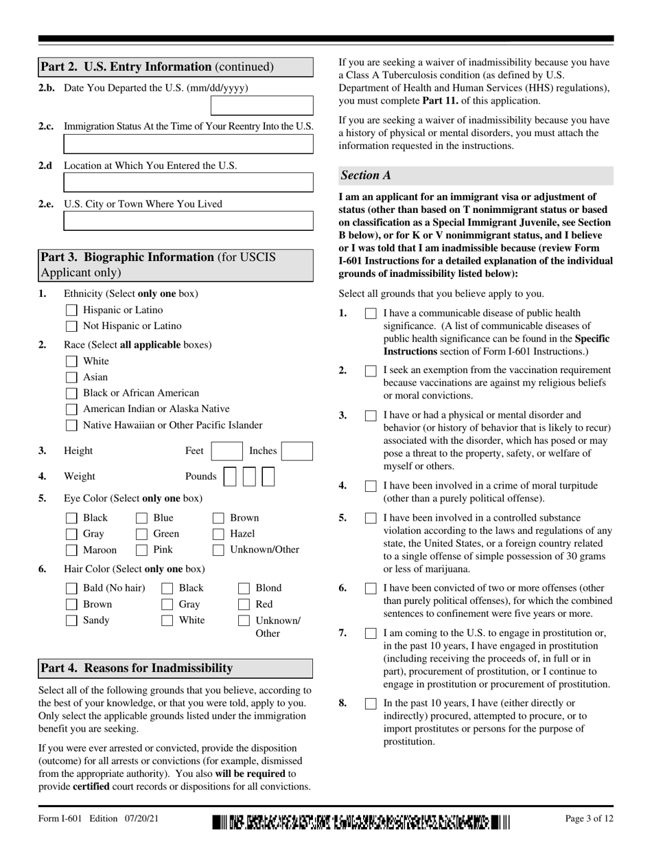 USCIS Form I-601 Application for Waiver of Grounds of Inadmissibility, Page 3