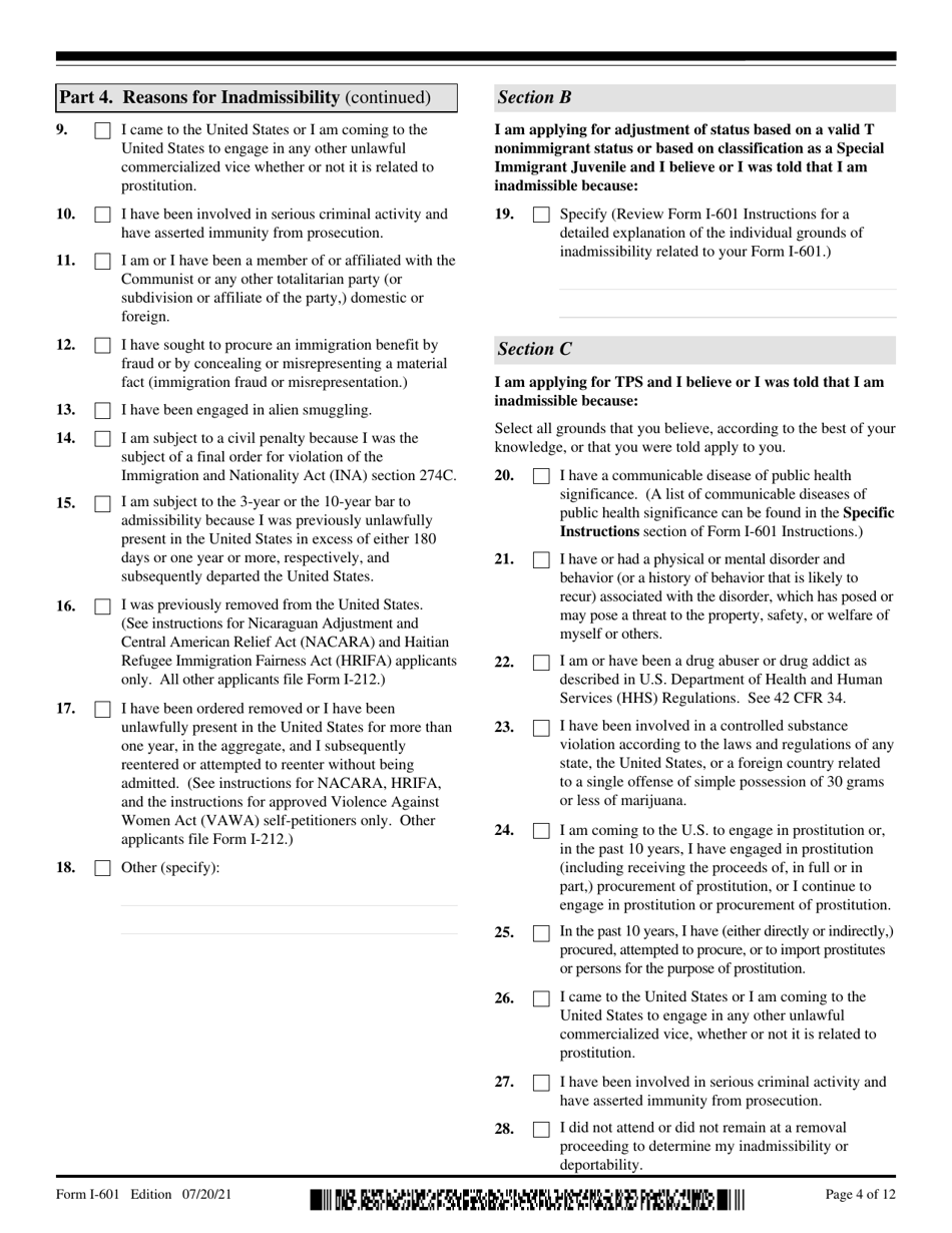 USCIS Form I-601 Application for Waiver of Grounds of Inadmissibility, Page 4