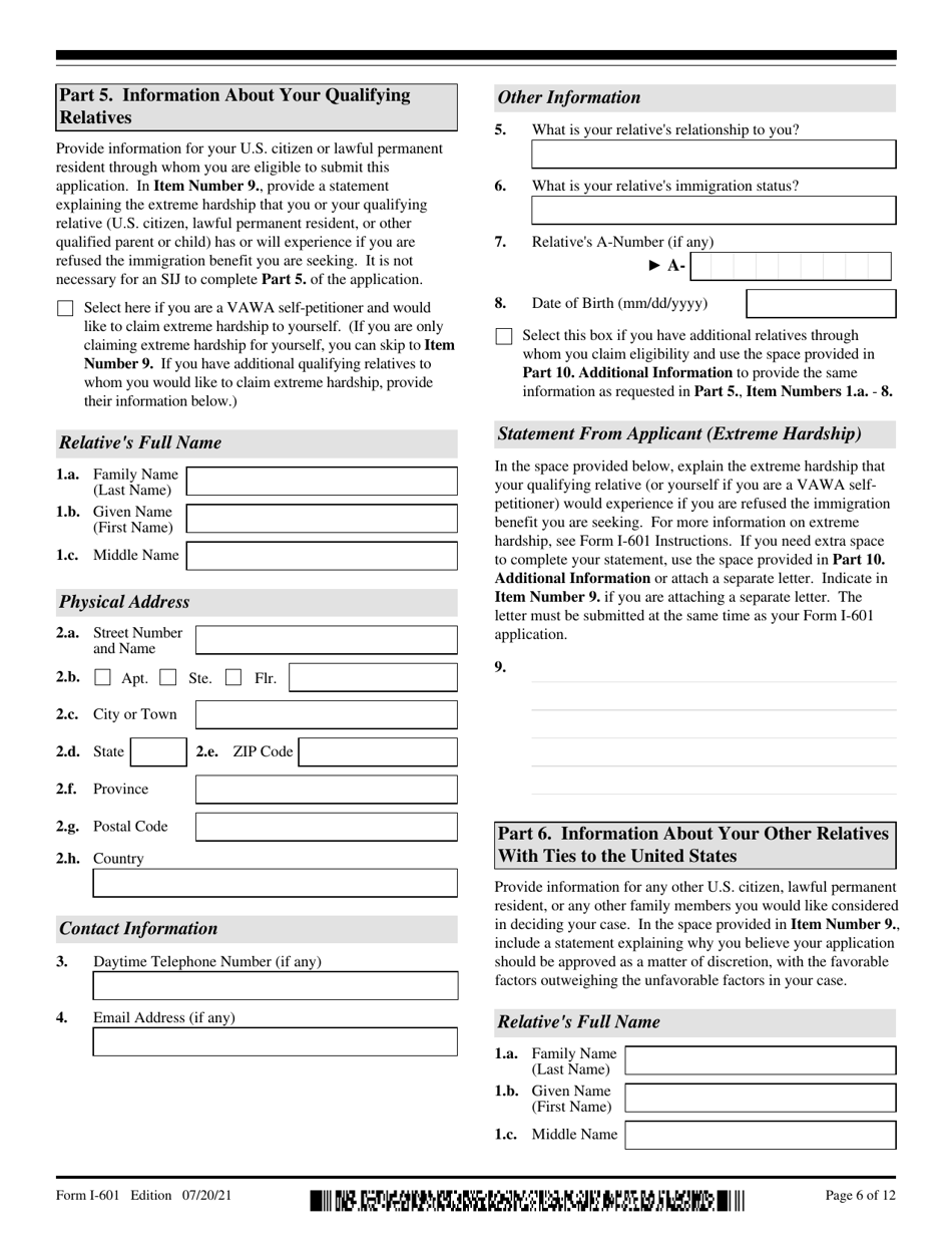 USCIS Form I-601 Application for Waiver of Grounds of Inadmissibility, Page 6