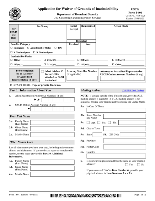 USCIS Form I-601  Printable Pdf