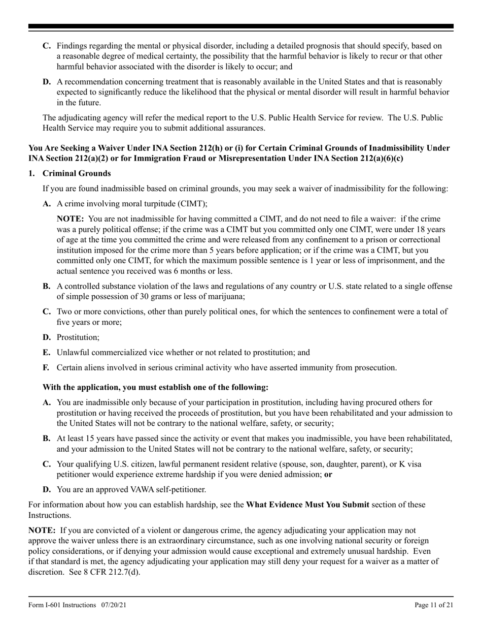 Instructions for USCIS Form I-601 Application for Waiver of Grounds of Inadmissibility, Page 11