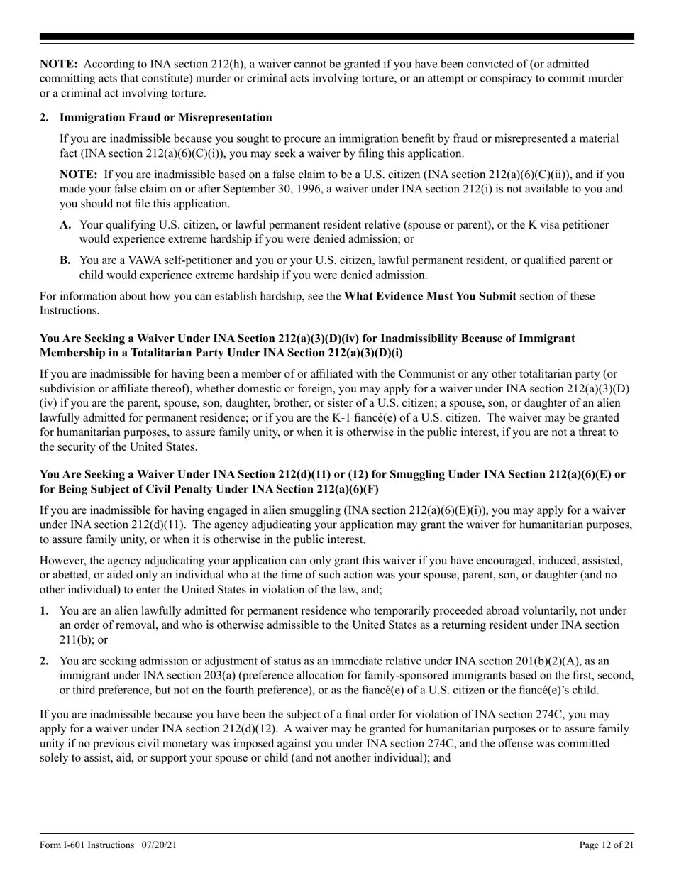 Instructions for USCIS Form I-601 Application for Waiver of Grounds of Inadmissibility, Page 12