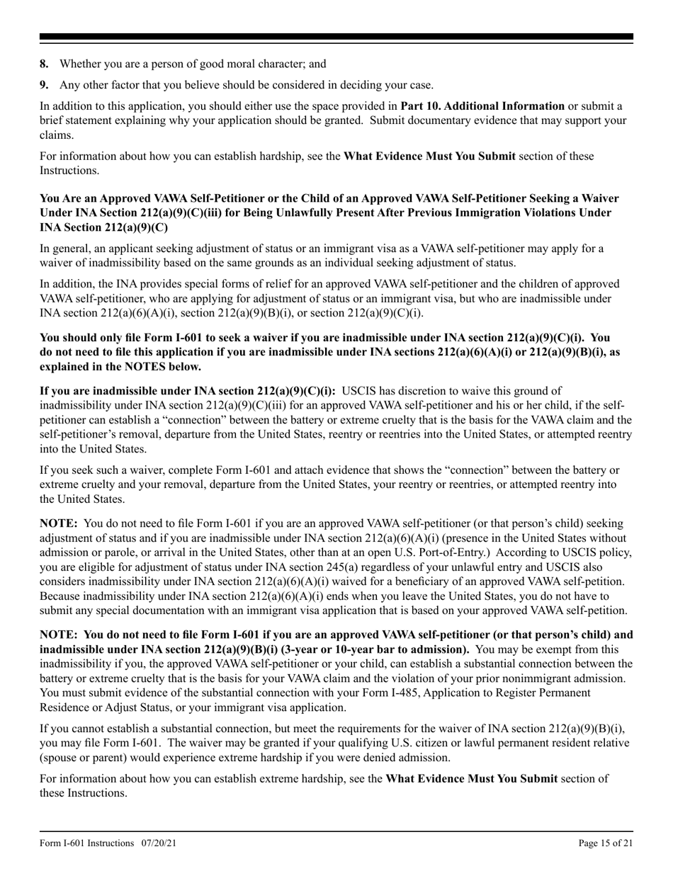 Instructions for USCIS Form I-601 Application for Waiver of Grounds of Inadmissibility, Page 15