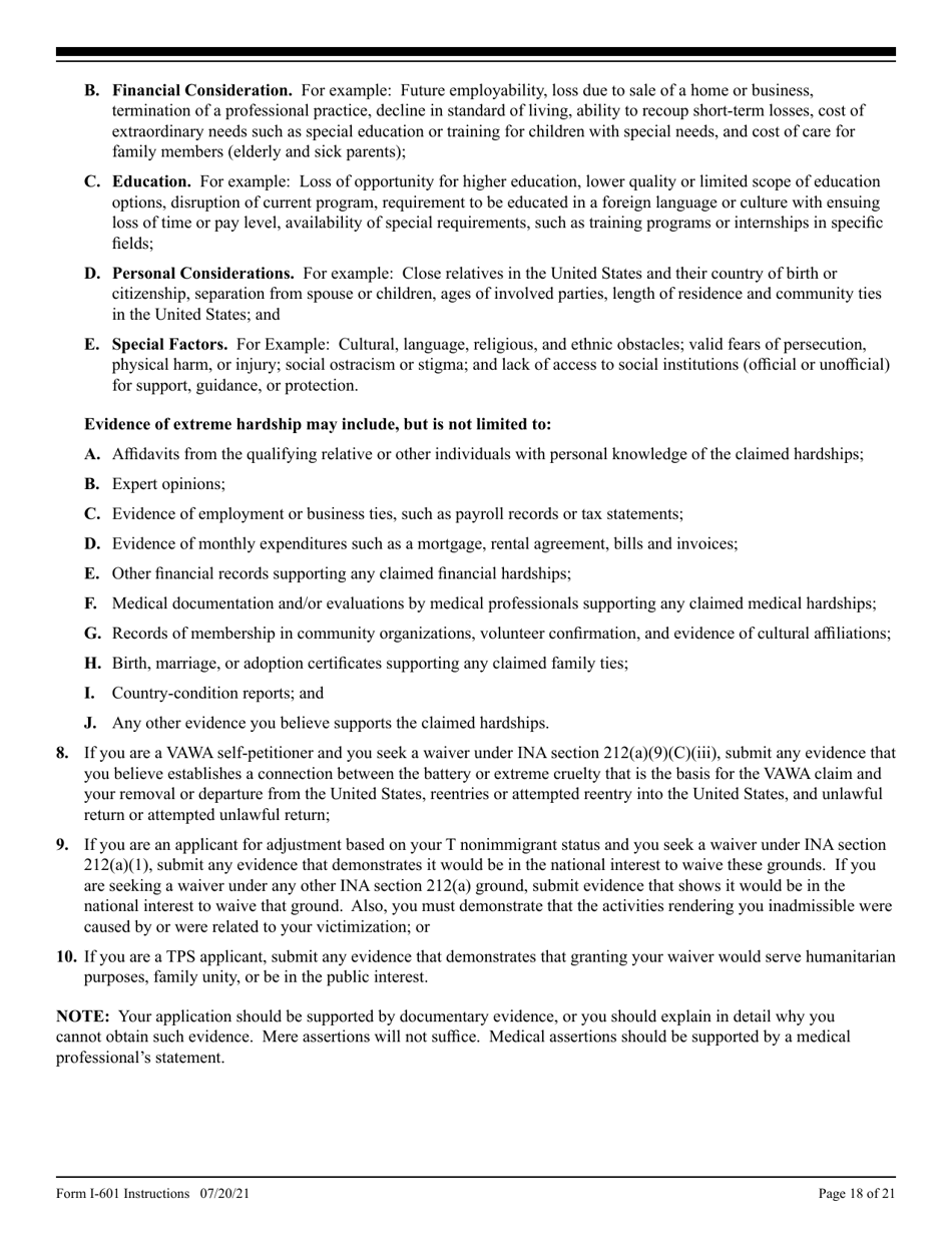 Instructions for USCIS Form I-601 Application for Waiver of Grounds of Inadmissibility, Page 18