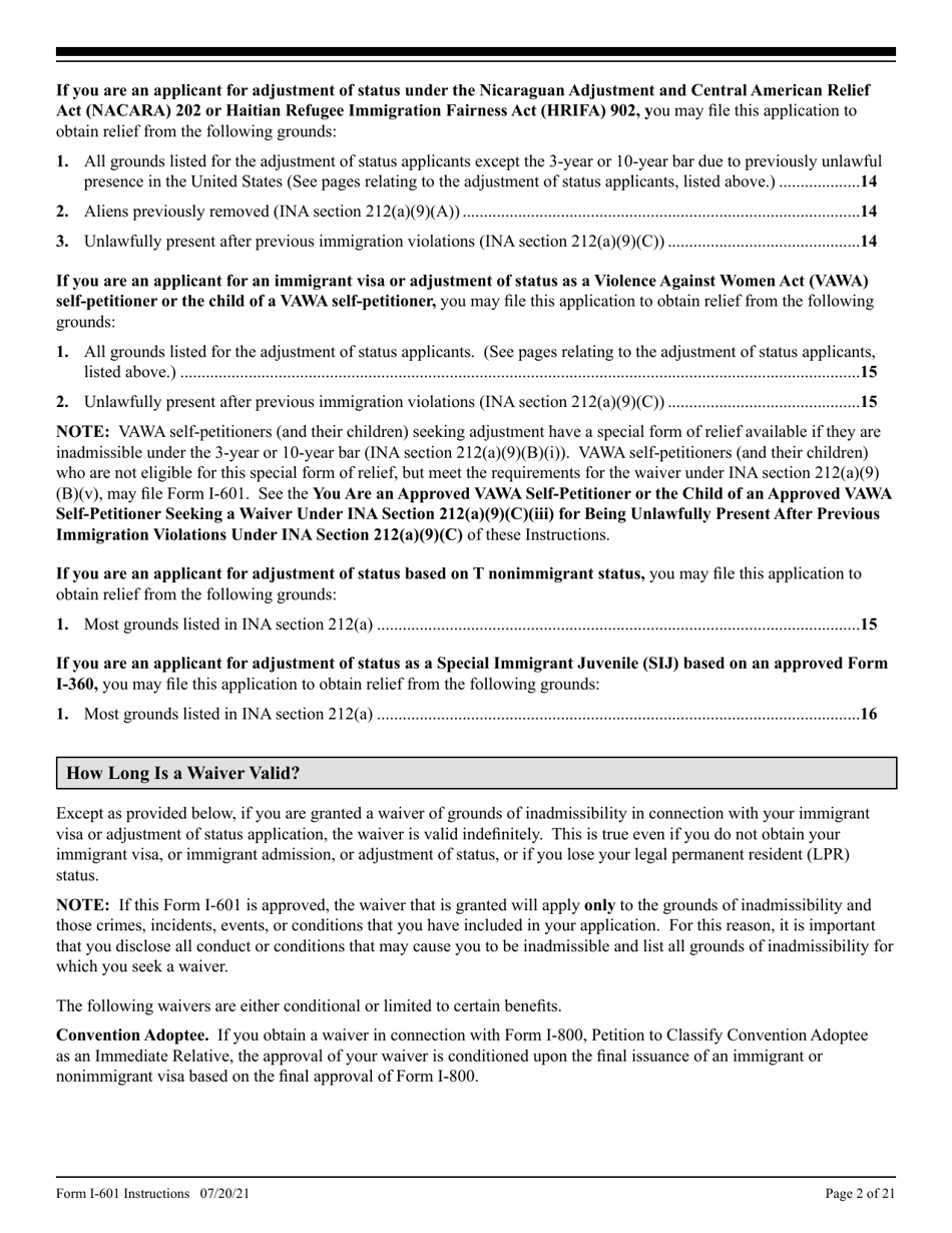 Instructions for USCIS Form I-601 Application for Waiver of Grounds of Inadmissibility, Page 2