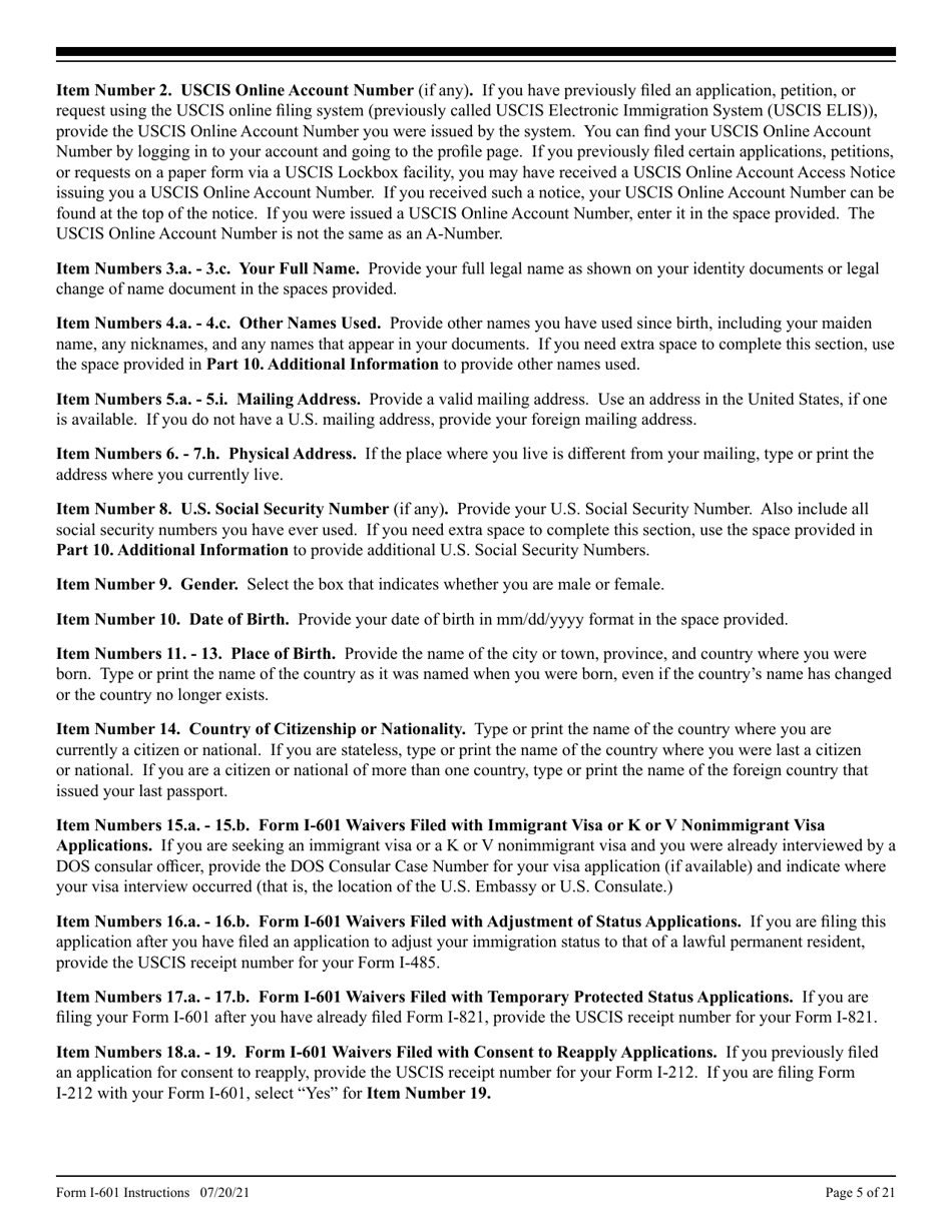 Instructions for USCIS Form I-601 Application for Waiver of Grounds of Inadmissibility, Page 5