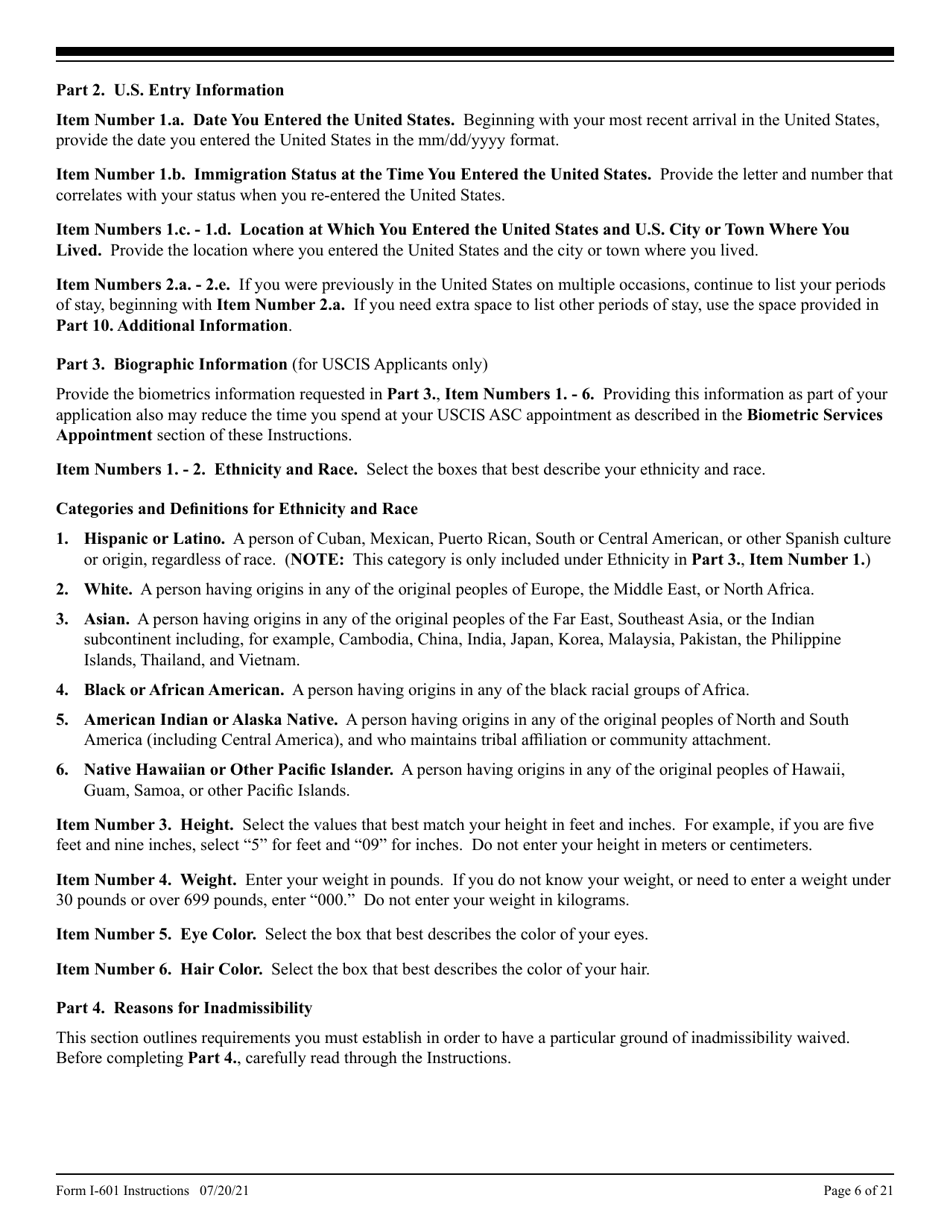 Instructions for USCIS Form I-601 Application for Waiver of Grounds of Inadmissibility, Page 6