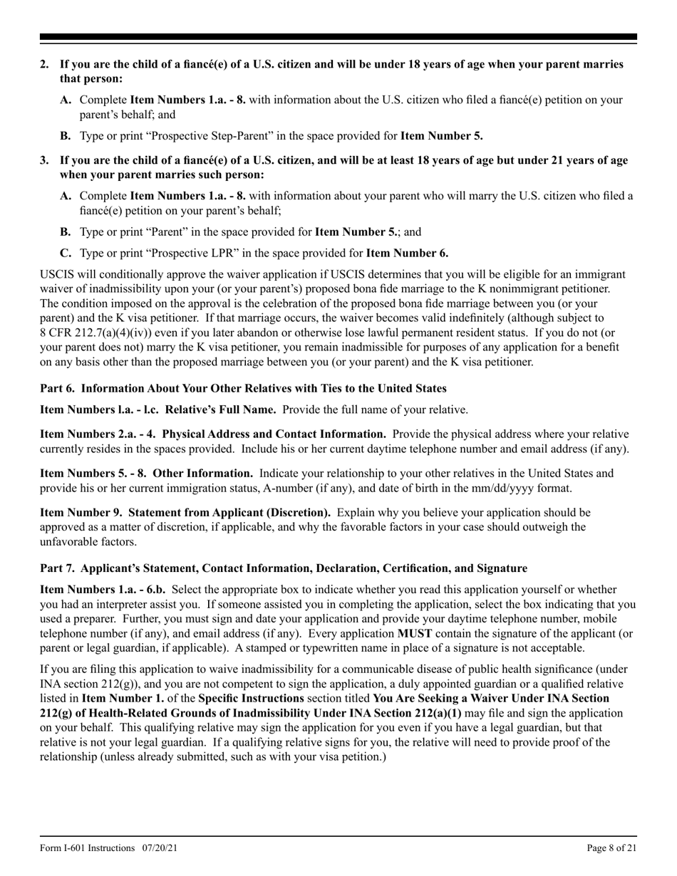 Instructions for USCIS Form I-601 Application for Waiver of Grounds of Inadmissibility, Page 8