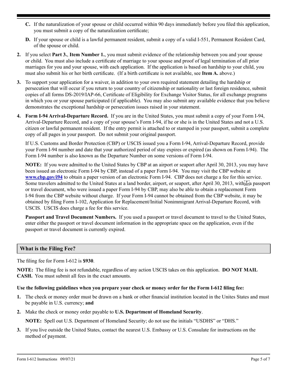 Instructions for USCIS Form I-612 Application for Waiver of the Foreign Residence Requirement (Under Section 212(E) of the Ina, as Amended), Page 5