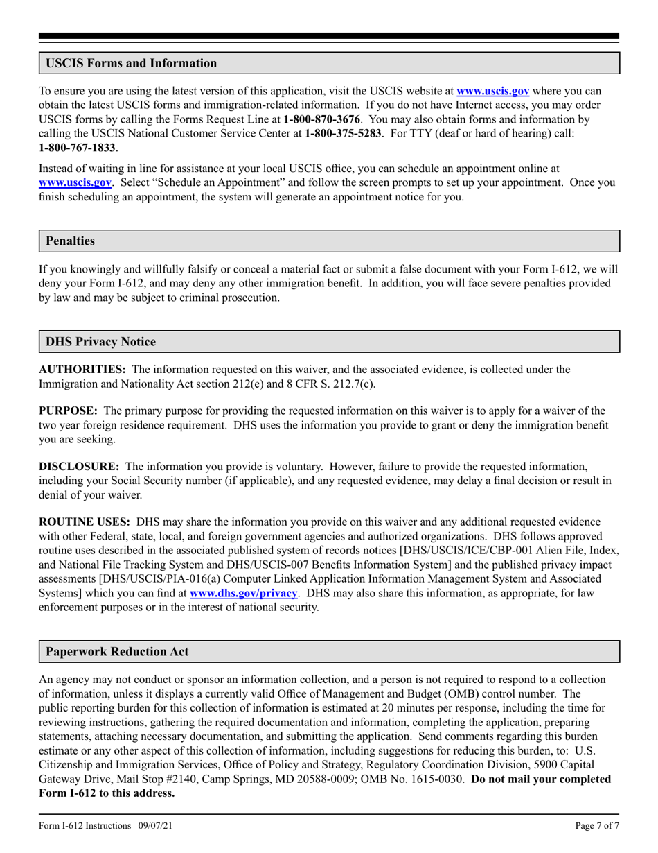 Instructions for USCIS Form I-612 Application for Waiver of the Foreign Residence Requirement (Under Section 212(E) of the Ina, as Amended), Page 7