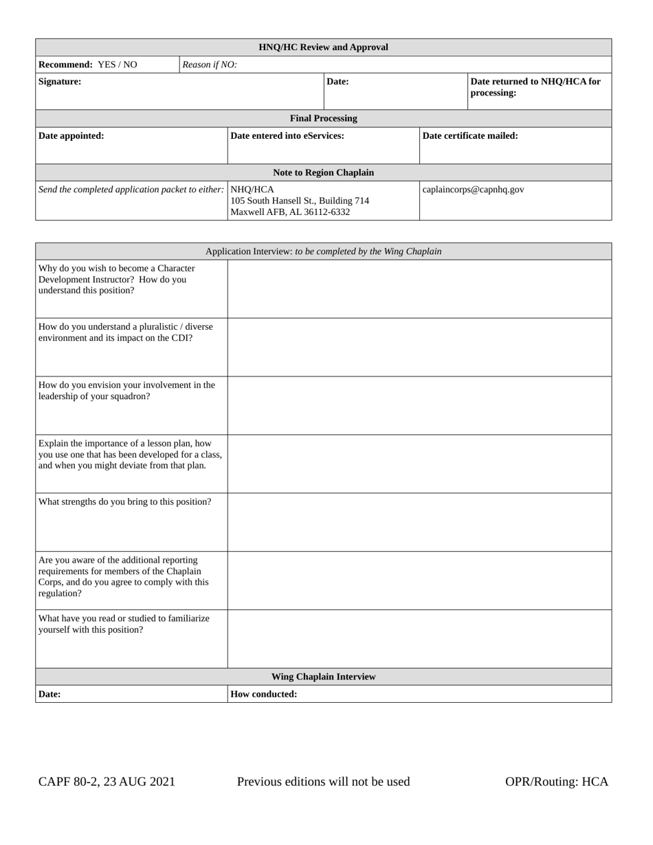 CAP Form 80-2 Application for CAP Character Development Instructor Appointment, Page 2