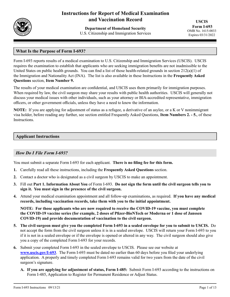 Instructions for USCIS Form I-693 Report of Medical Examination and Vaccination Record, Page 1