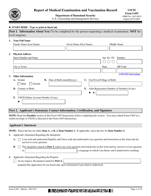 USCIS Form I-693  Printable Pdf