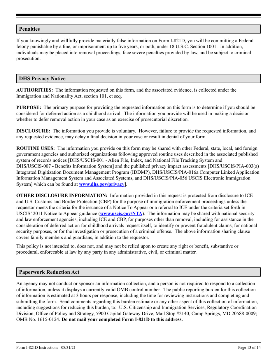 Instructions for USCIS Form I-821D Consideration of Deferred Action for Childhood Arrivals, Page 13