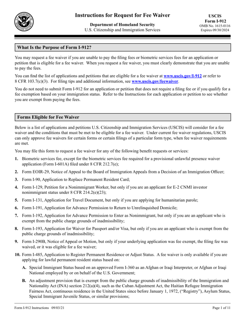 Download Instructions for USCIS Form I-912 Request for Fee Waiver PDF ...