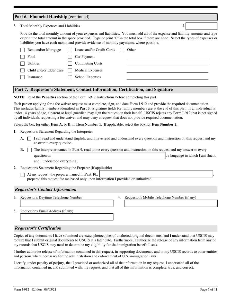 USCIS Form I-912 Download Fillable PDF or Fill Online Request for Fee ...