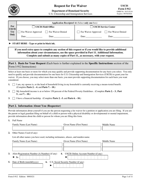 Uscis Form I Download Fillable Pdf Or Fill Online Request For Fee Waiver Templateroller