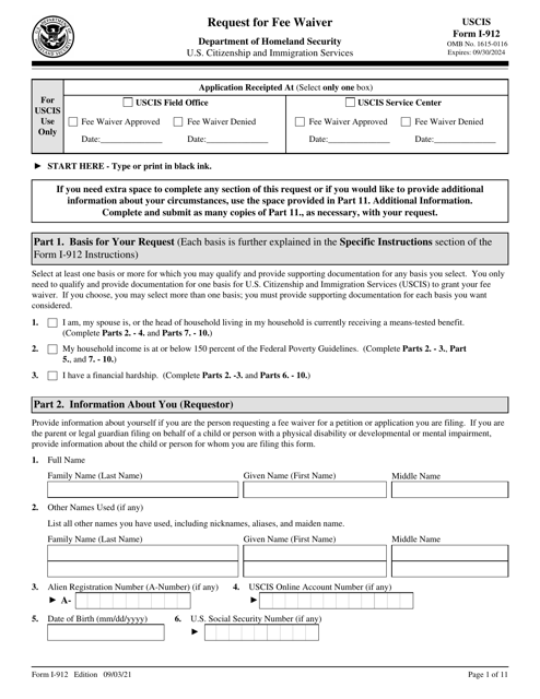 USCIS Form I 912 Download Fillable PDF Or Fill Online Request For Fee 