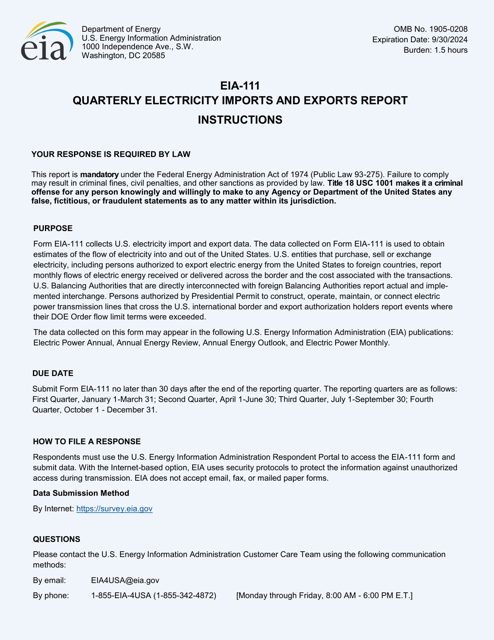 Instructions for Form EIA-111 Quarterly Electricity Imports and Exports Report