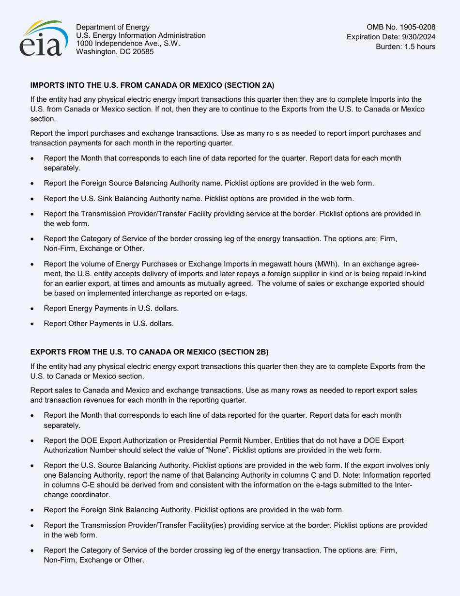 Instructions for Form EIA-111 Quarterly Electricity Imports and Exports Report, Page 2