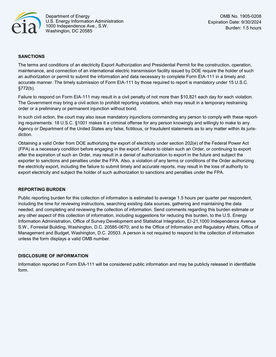 Instructions for Form EIA-111 Quarterly Electricity Imports and Exports Report, Page 5