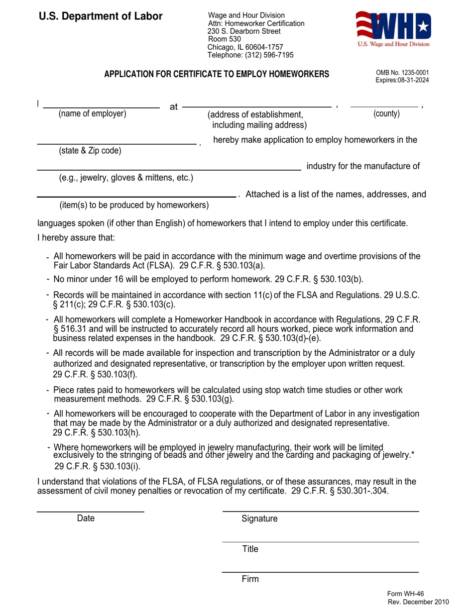 Form WH-46 Application for Certificate to Employ Homeworkers, Page 1