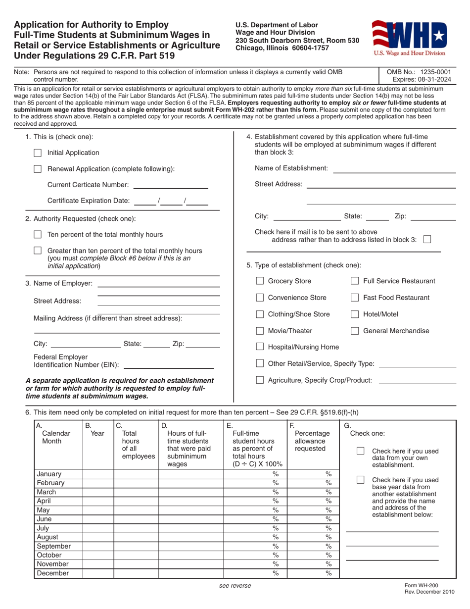 Form WH-200 Application for Authority to Employ Full-Time Students at Subminimum Wages in Retail or Service Establishments or Agriculture Under Regulations 29 C.f.r. Part 519, Page 1