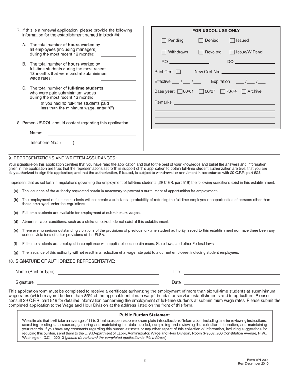 Form WH-200 Application for Authority to Employ Full-Time Students at Subminimum Wages in Retail or Service Establishments or Agriculture Under Regulations 29 C.f.r. Part 519, Page 2