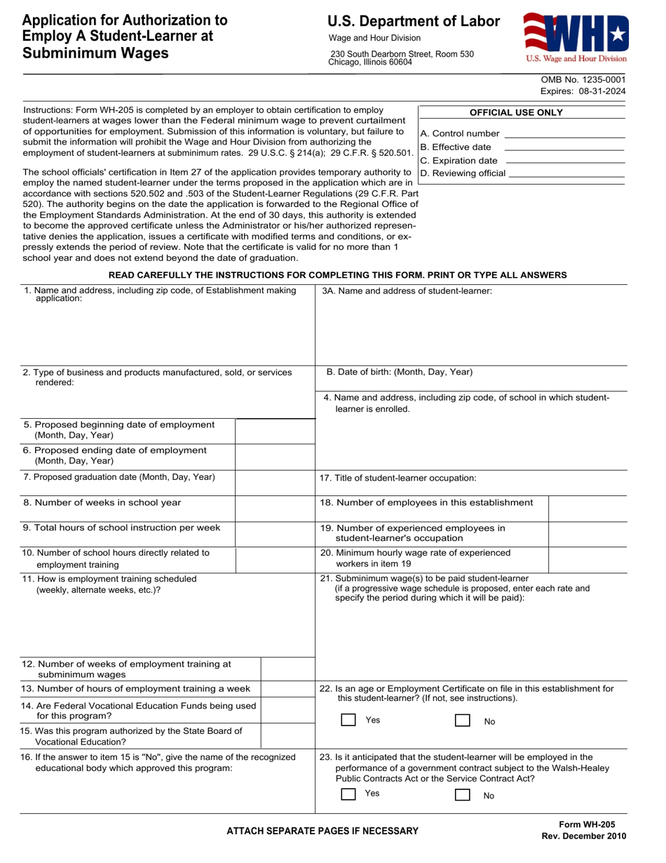 Form WH-205 Application for Authorization to Employ a Student-Learner at Subminimum Wages, Page 1