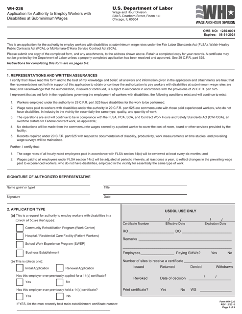 Form WH-226 Application for Authority to Employ Workers With Disabilities at Subminimum Wages