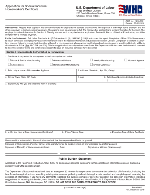 Form WH-2 Application for Special Industrial Homeworker's Certificate