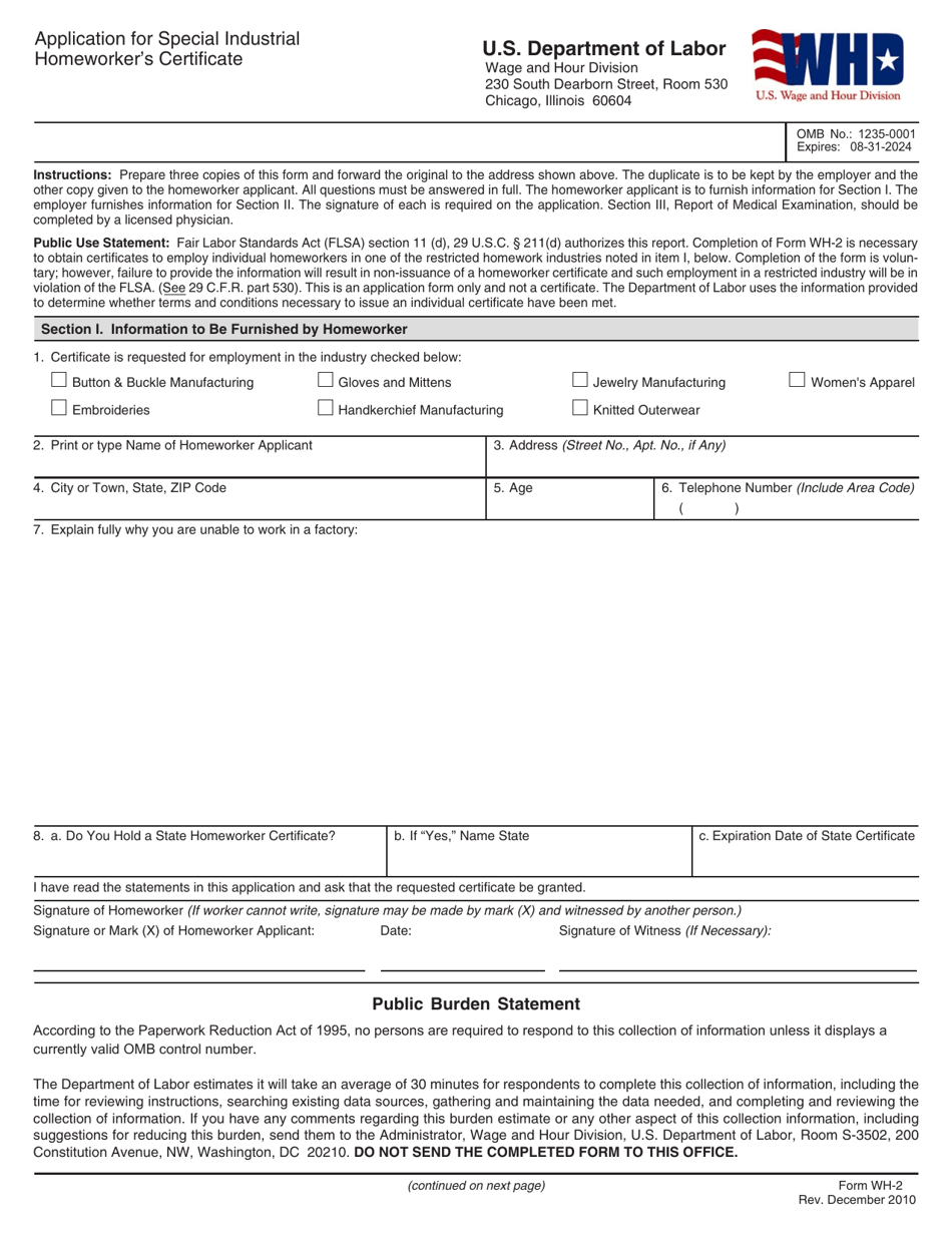 Form WH-2 Application for Special Industrial Homeworkers Certificate, Page 1