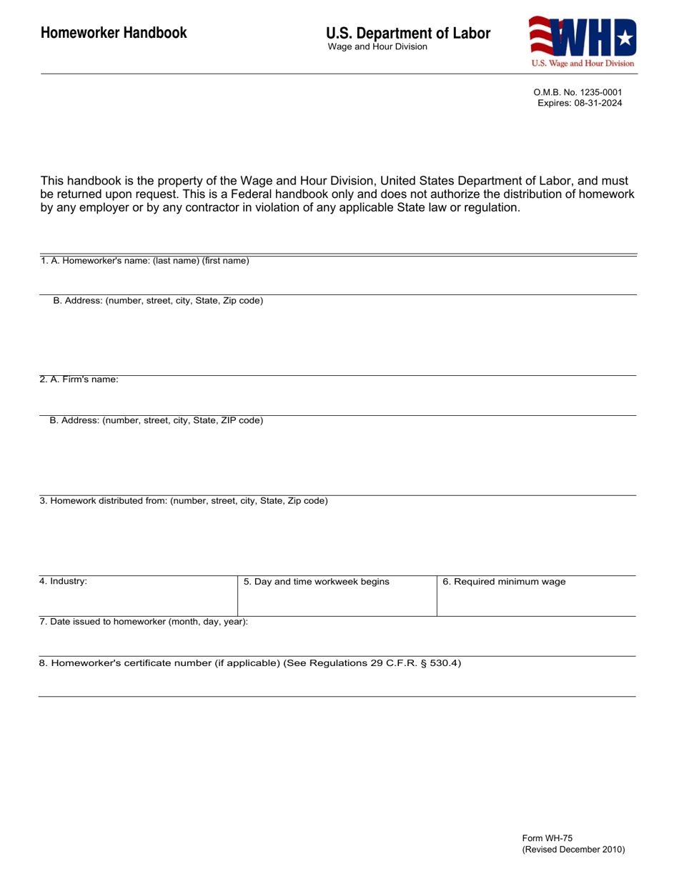 Form WH-75 Homeworker Handbook, Page 1