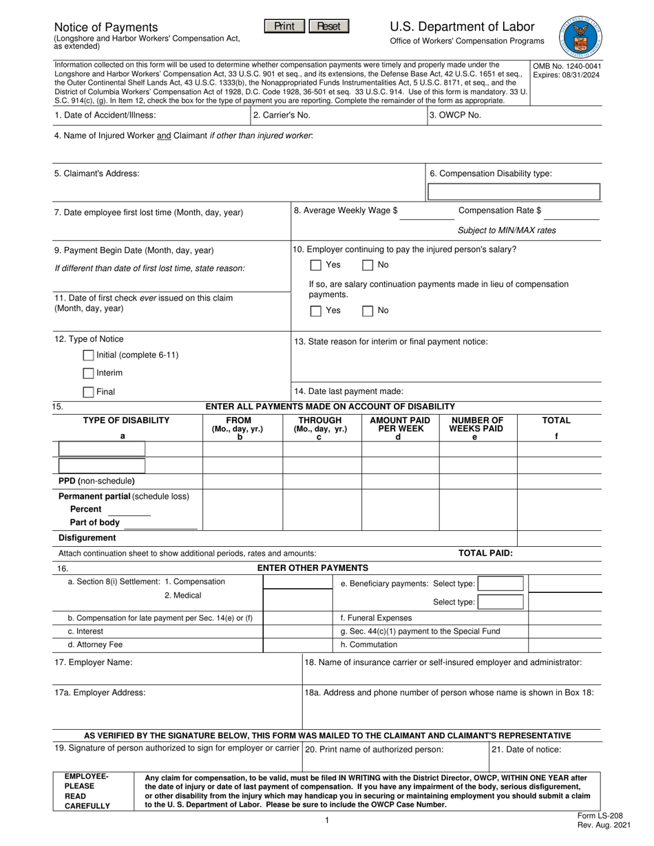 Form LS-208 Notice of Payments, Page 1