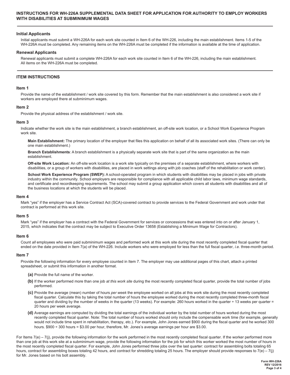 Form WH-226A Supplemental Data Sheet for Application for Authority to Employ Workers With Disabilities at Subminimum Wages, Page 3