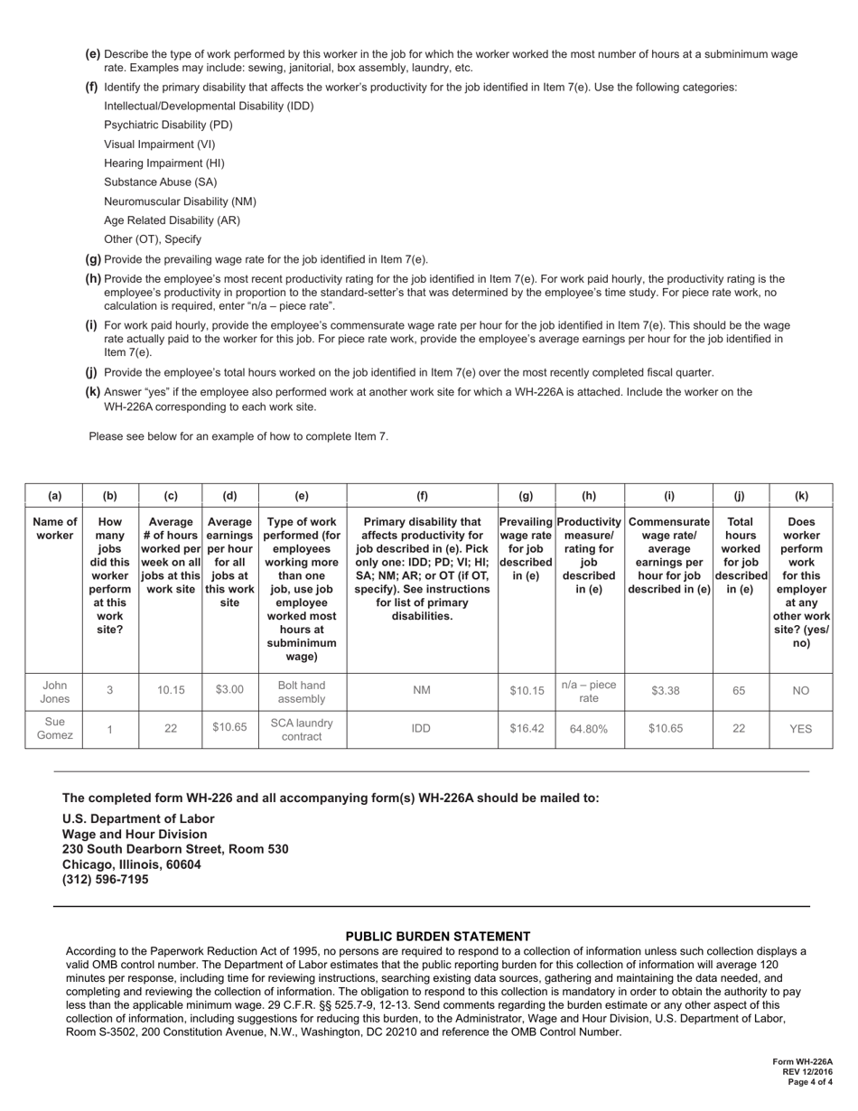 Form WH-226A Supplemental Data Sheet for Application for Authority to Employ Workers With Disabilities at Subminimum Wages, Page 4