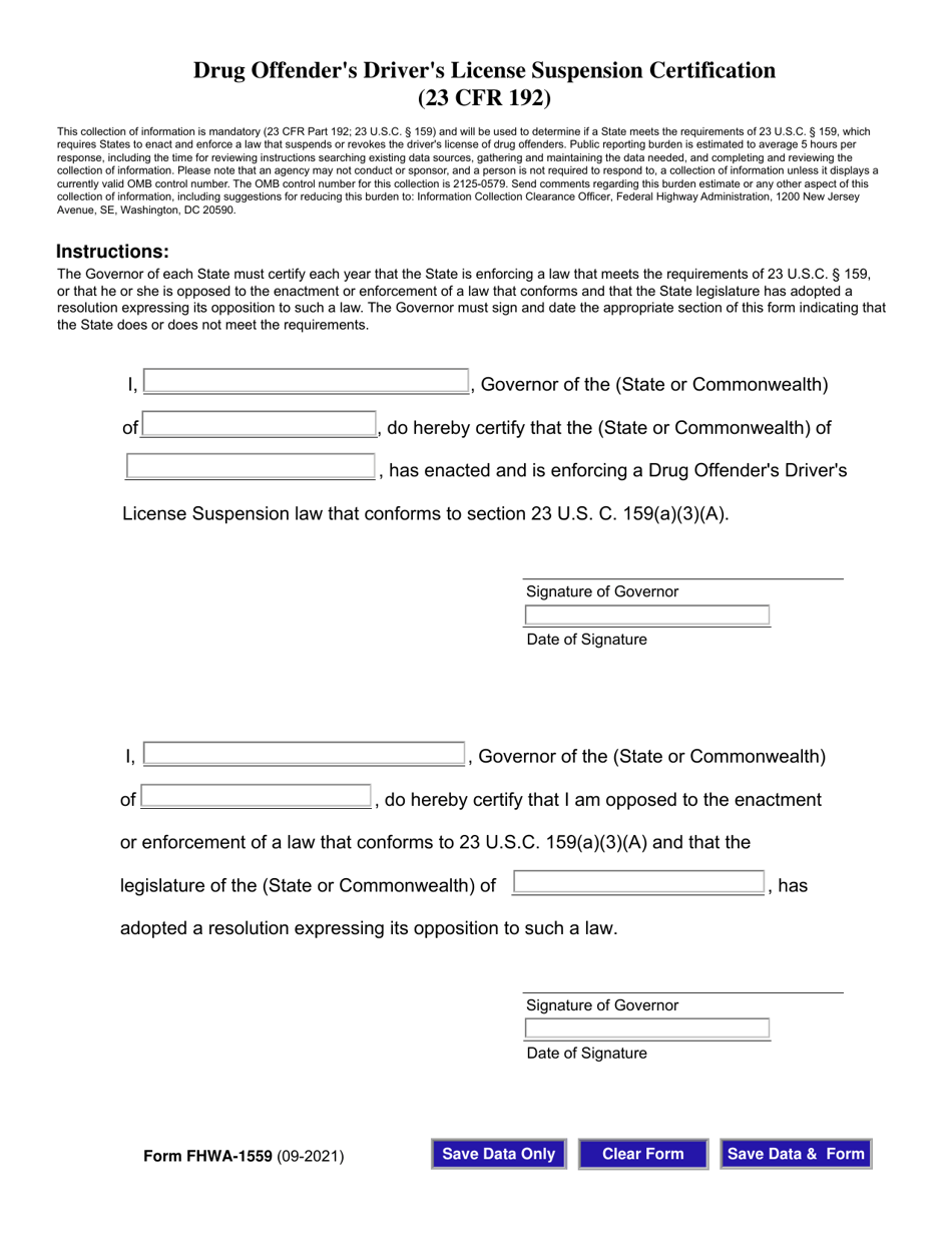 Form FHWA-1559 Drug Offender's Driver's License Suspension Certification, Page 1