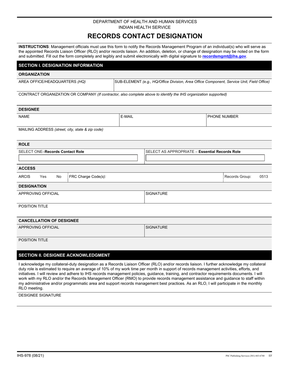 Form IHS-978 Records Contact Designation, Page 1
