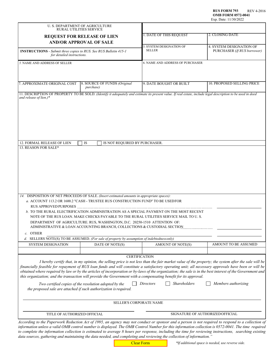 RUS Form 793 Request for Release of Lien and / or Approval of Sale, Page 1