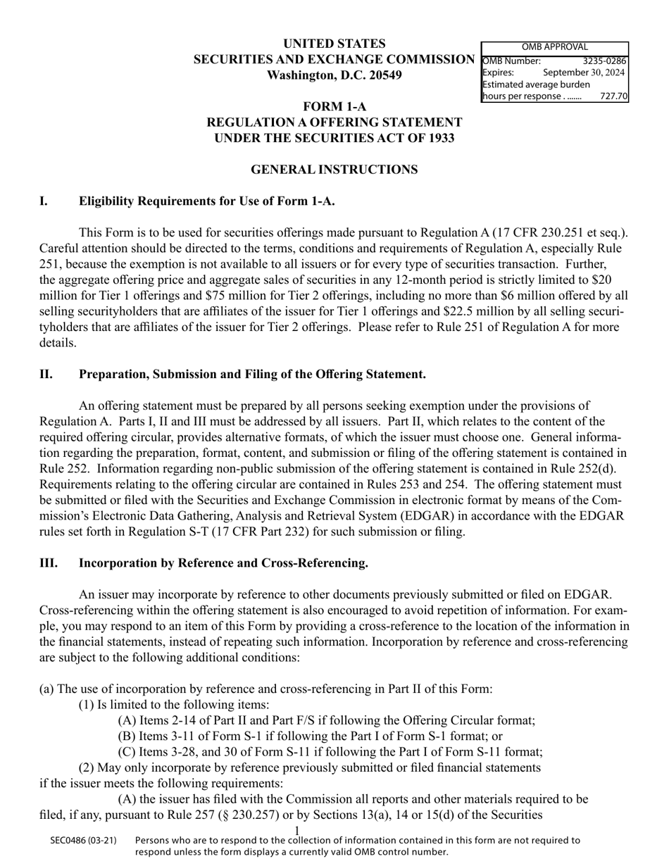 SEC Form 0486 (1-A) Regulation a Offering Statement Under the Securities Act of 1933, Page 1