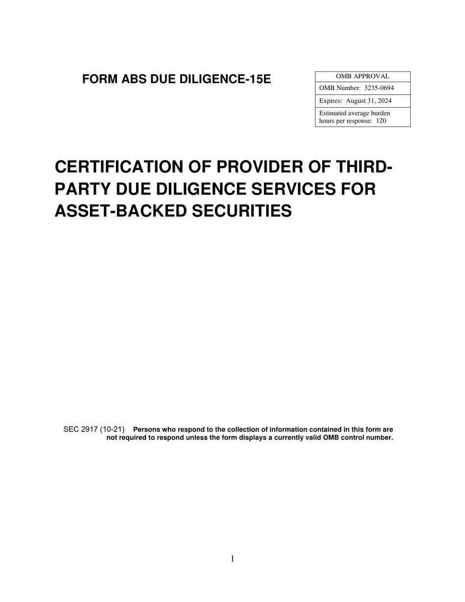 SEC Form 2917 (ABS DD-15E) Certification of Provider of Thirdparty Due Diligence Services for Asset-Backed Securities, Page 1