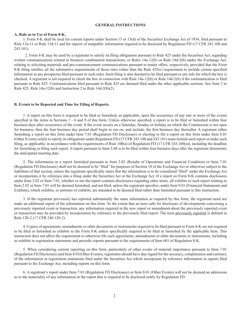 SEC Form 873 (8-K) Current Report Pursuant to Section 13 or 15(D) of the Securities Exchange Act of 1934, Page 2