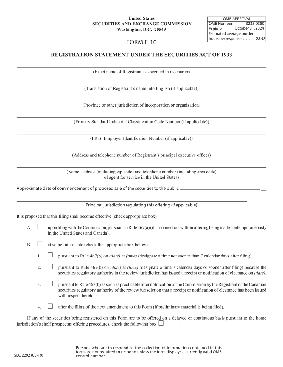 SEC Form 2292 (F-10) Registration Statement Under the Securities Act of 1933, Page 1