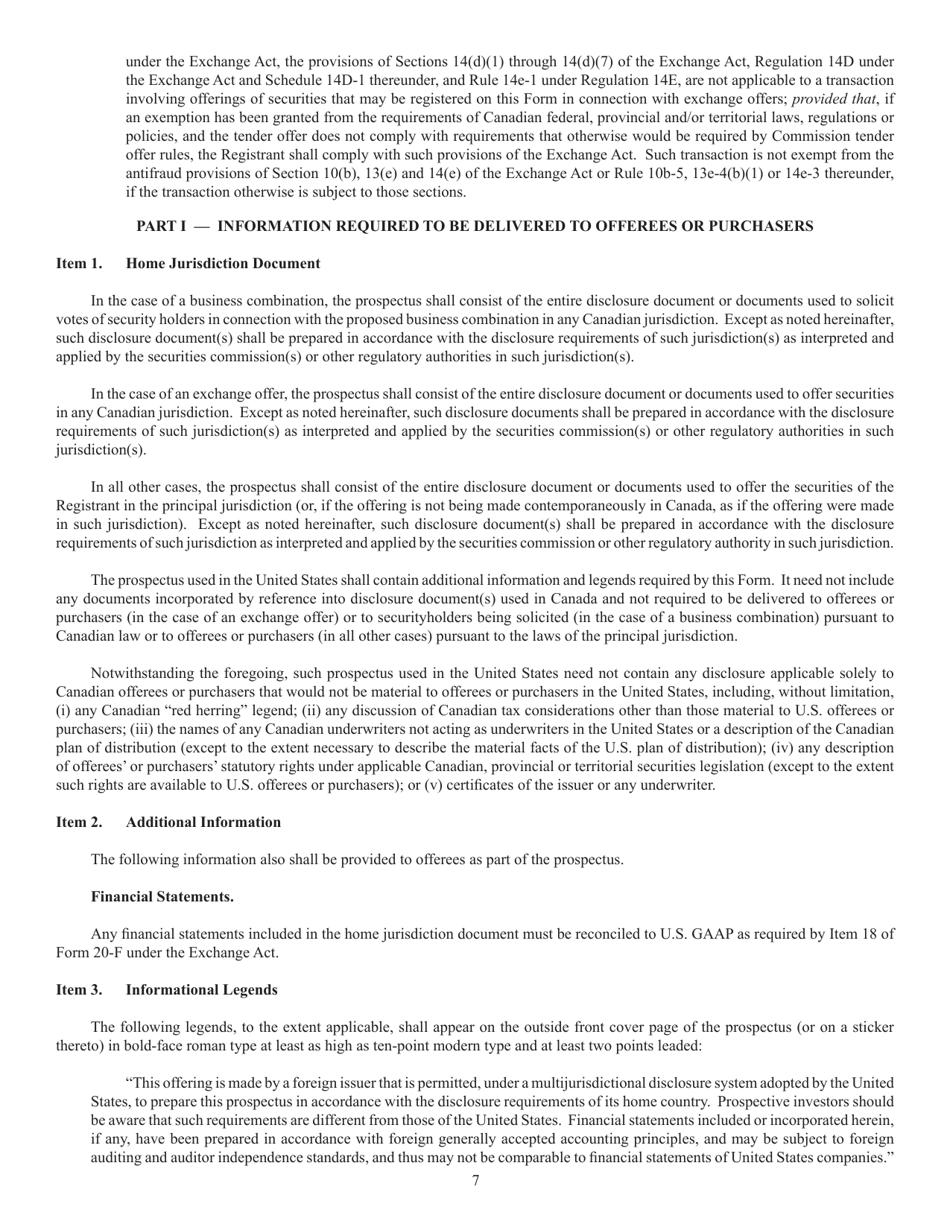 SEC Form 2292 (F-10) Registration Statement Under the Securities Act of 1933, Page 7