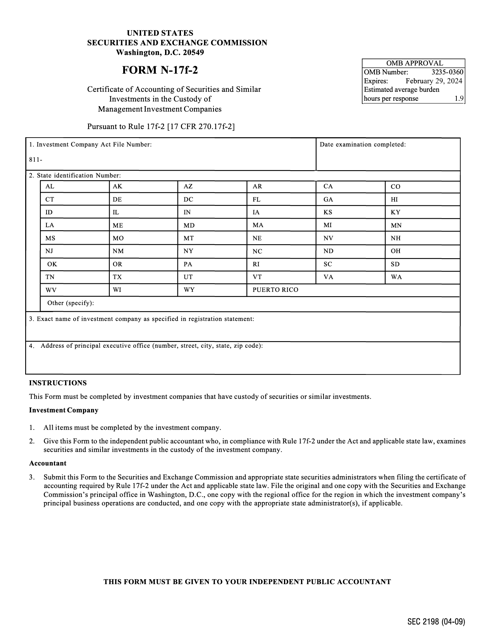 SEC Form 2198 (N-17F-2)  Printable Pdf