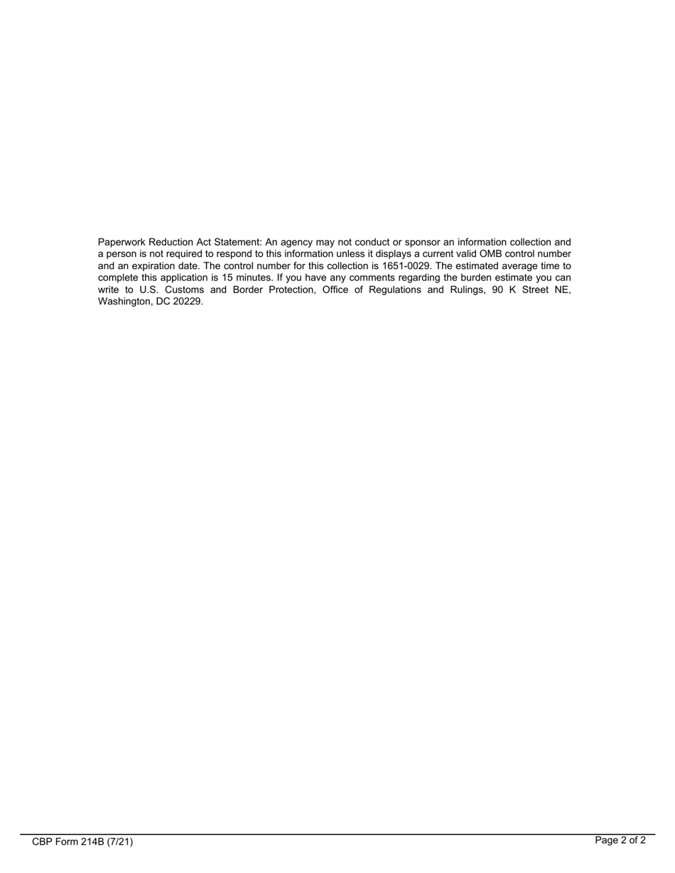 CBP Form 214B Application for Foreign-Trade Zone Admission and / or Status Designation - Continuation Sheet, Page 2