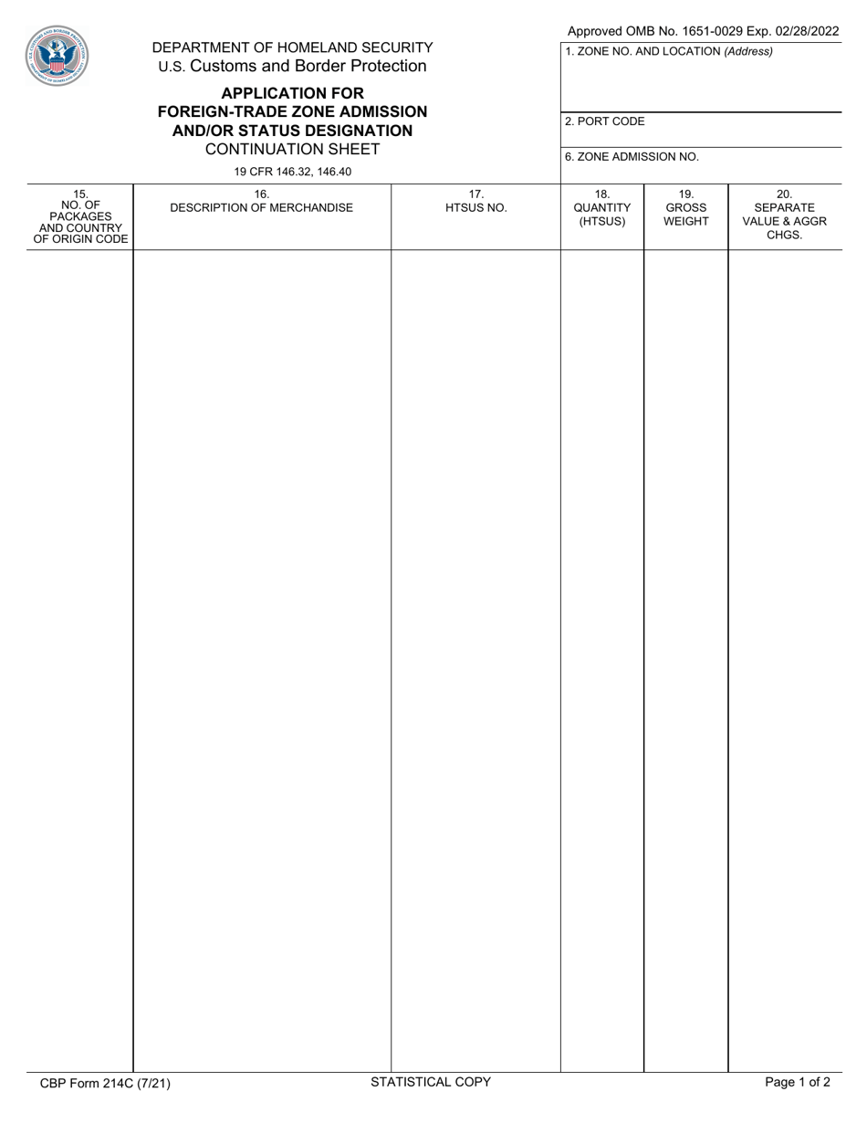 CBP Form 214C Application for Foreign-Trade Zone Admission and / or Status Designation - Continuation Sheet, Page 1