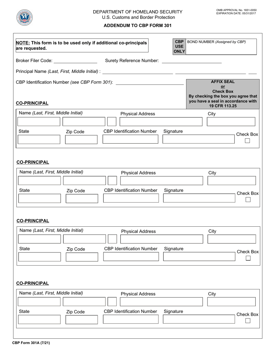 CBP Form 301A Addendum to CBP Form 301, Page 1